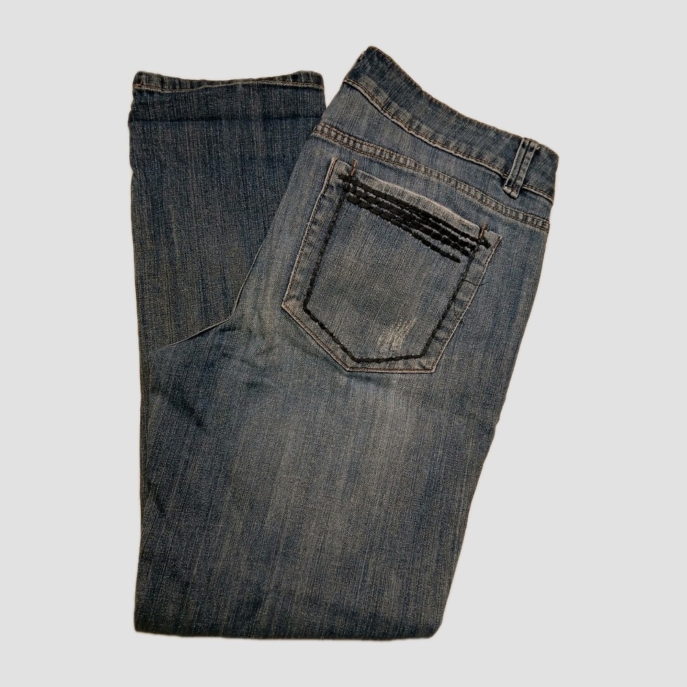 ELLE Straight Leg Jeans Women's Size 8 Blue Stretch Denim Distressed Embro #550C